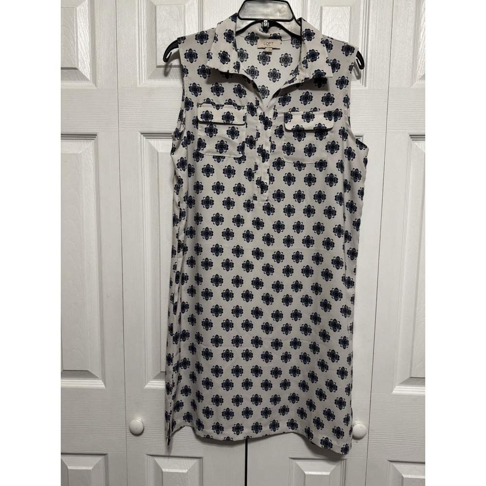 LOFT Womens Sleeveless Shirt Dress M Blue Floral Print Shift Dress Casual